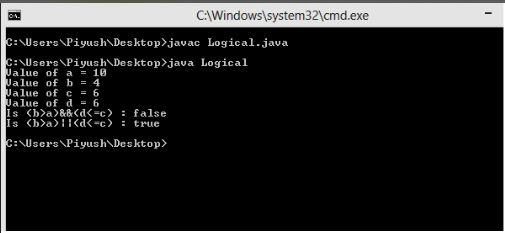 This image describes a output of sample program of logical operators in java.